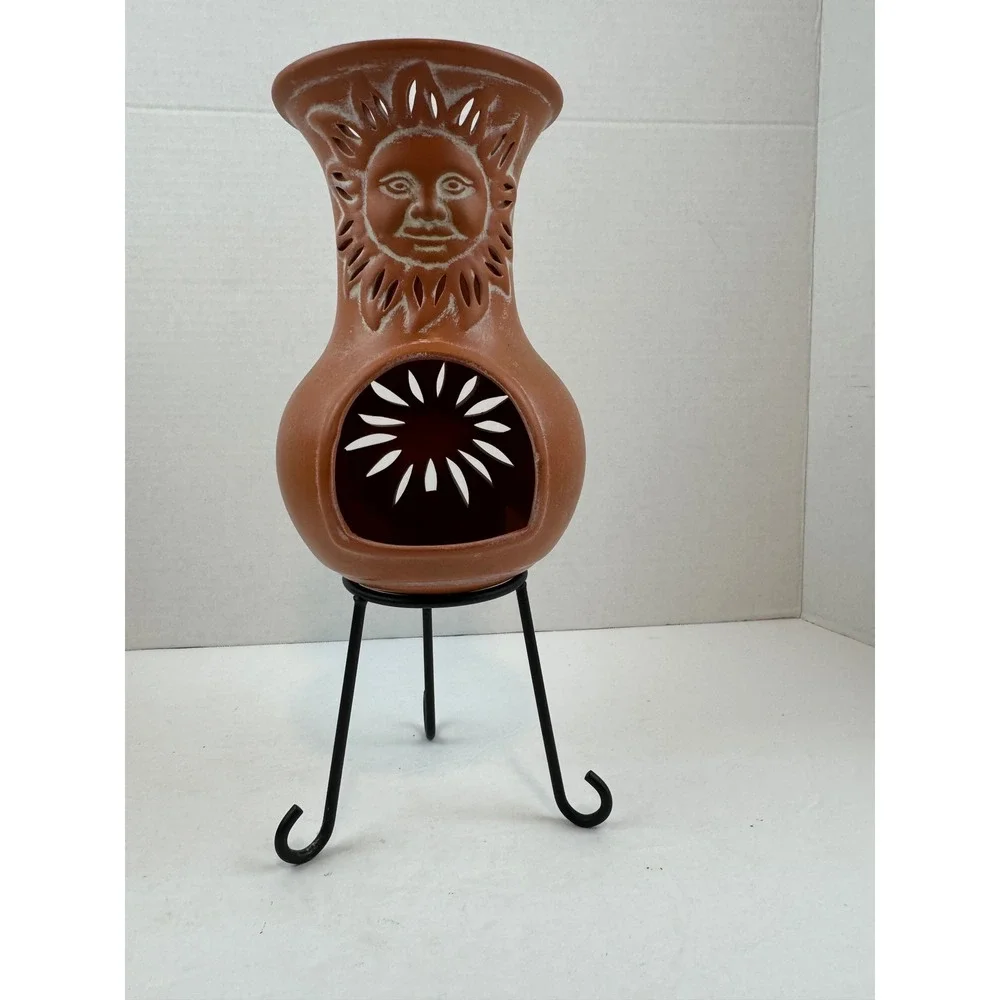 Terracotta celestial sun Chiminea Candle Holder with Iron Stand Southwestern